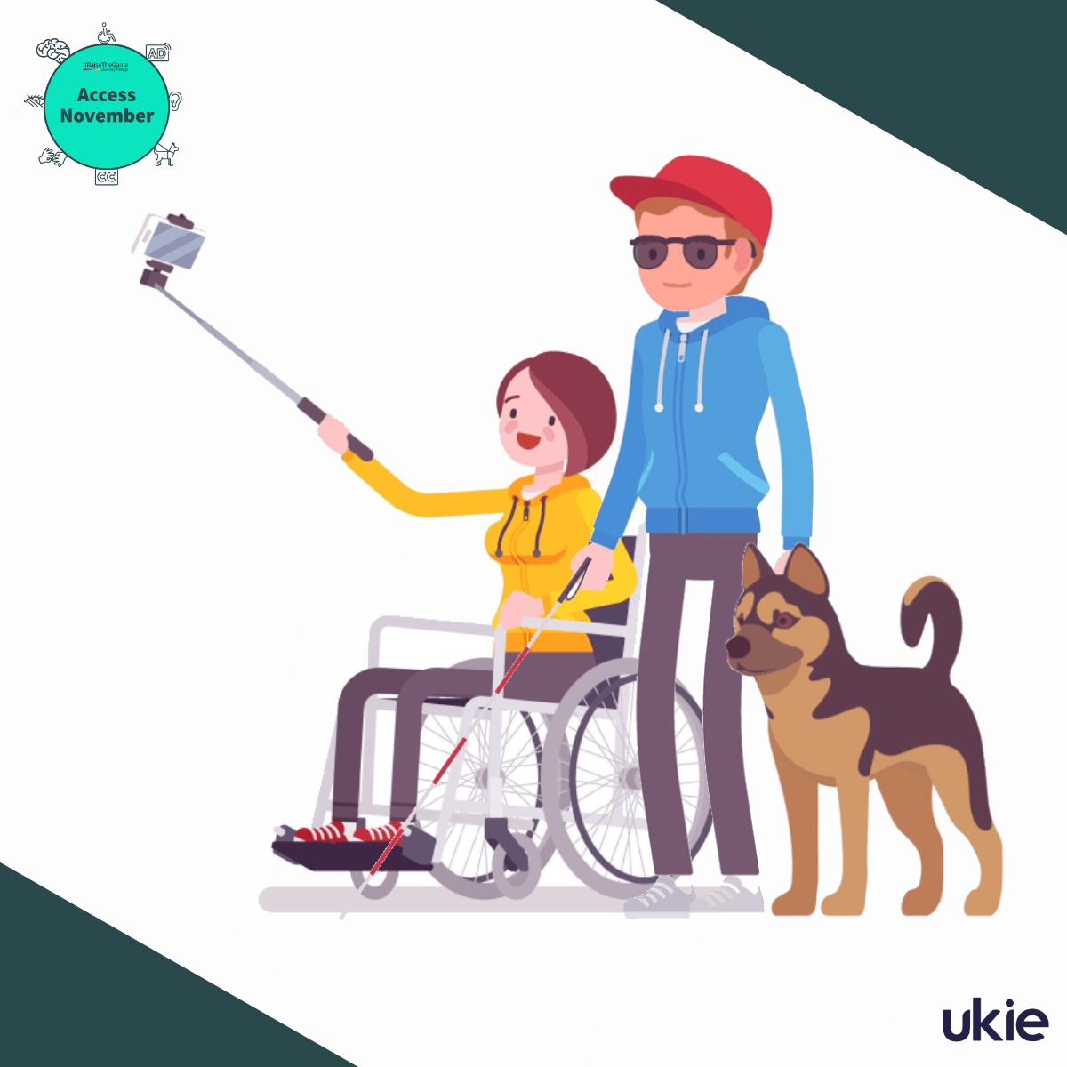Image depicting two friends smiling, one who happens to be a wheelchair user and the other who is blind with both an assistance dog and a cane, taking a selfie together.